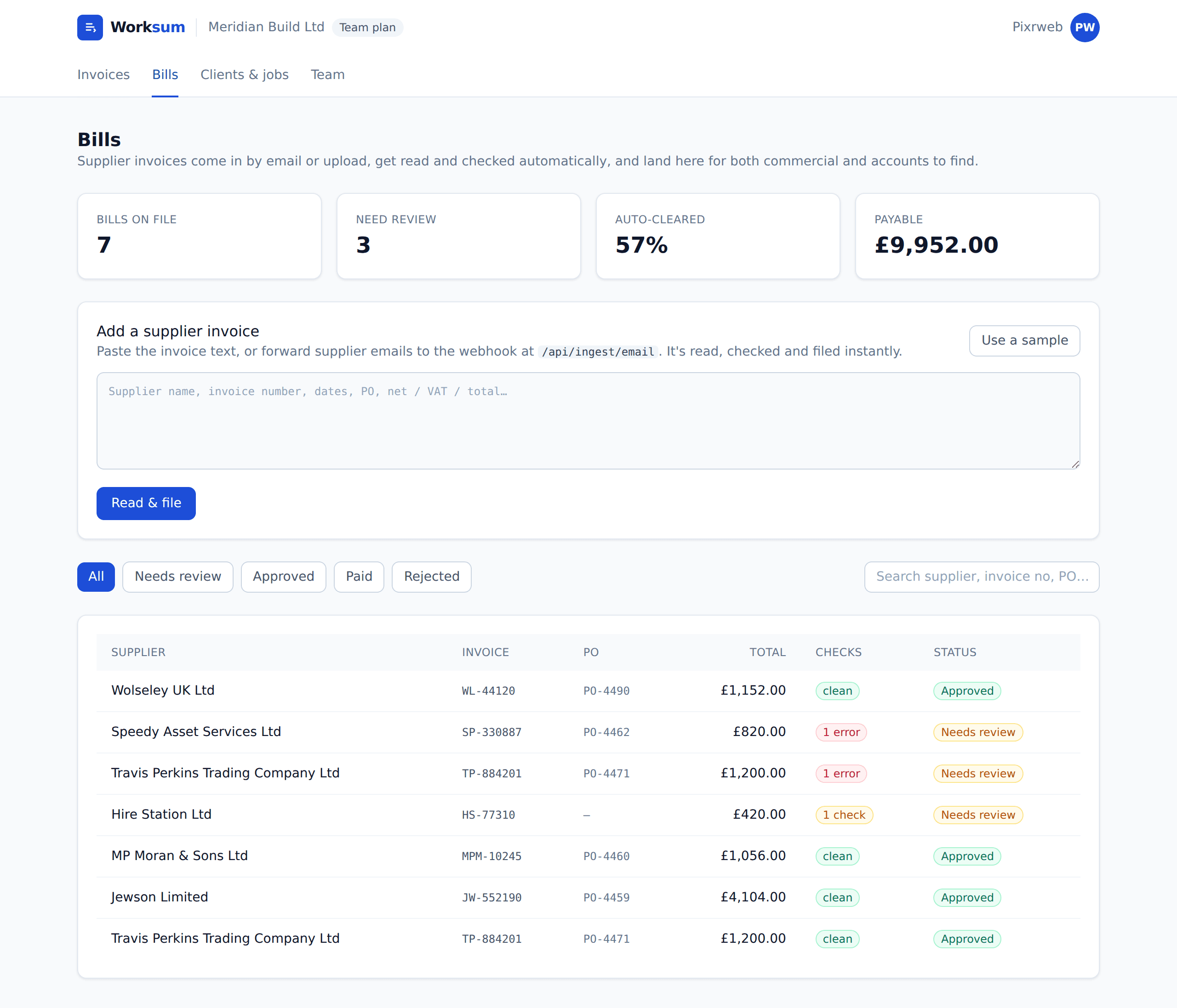 The Worksum Bills inbox: supplier invoices read, checked and auto-cleared, with one that arrived by email