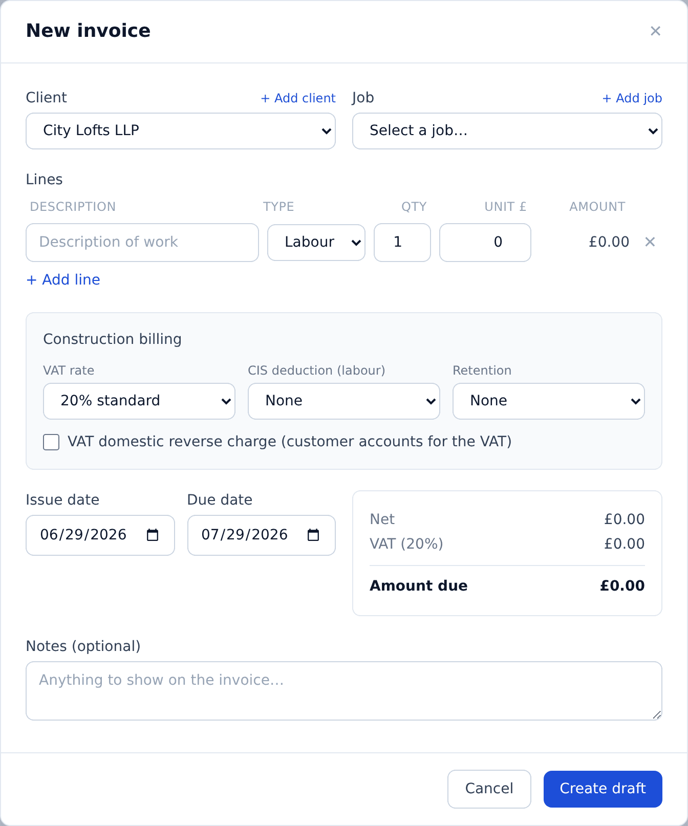 The Worksum new-invoice screen: pick a client and job, add lines, and set CIS, VAT reverse charge and retention