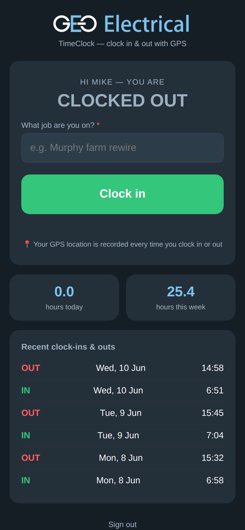 GEO Electrical TimeClock — the crew's phone view