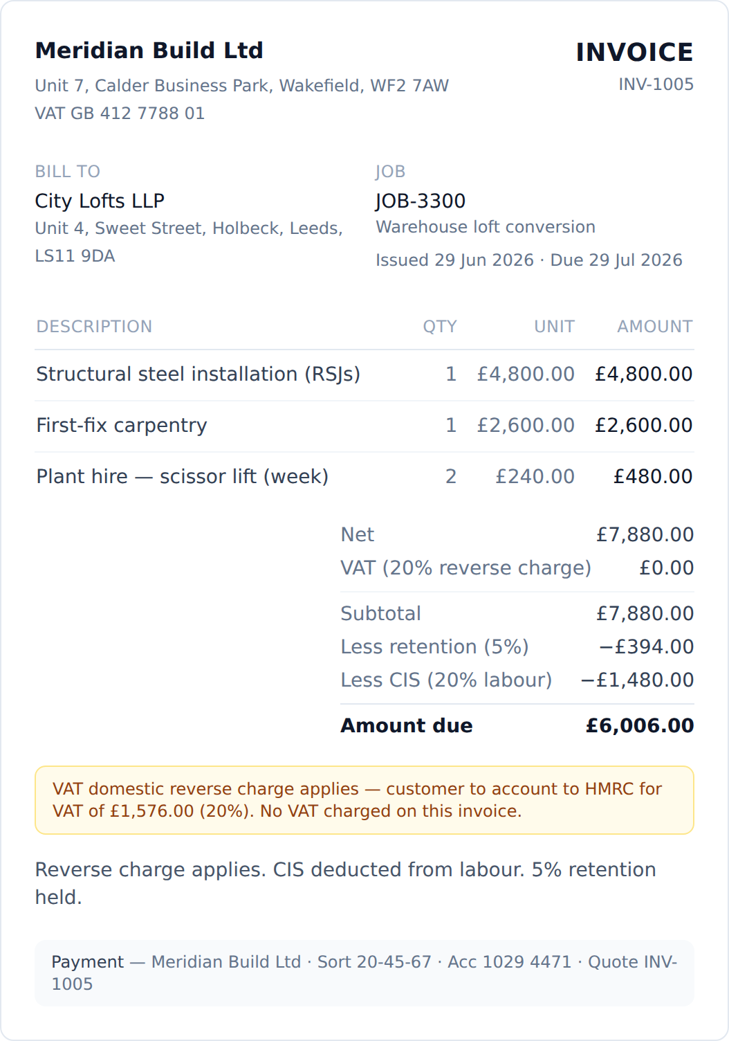 A Worksum invoice with VAT reverse charge, retention and CIS on labour